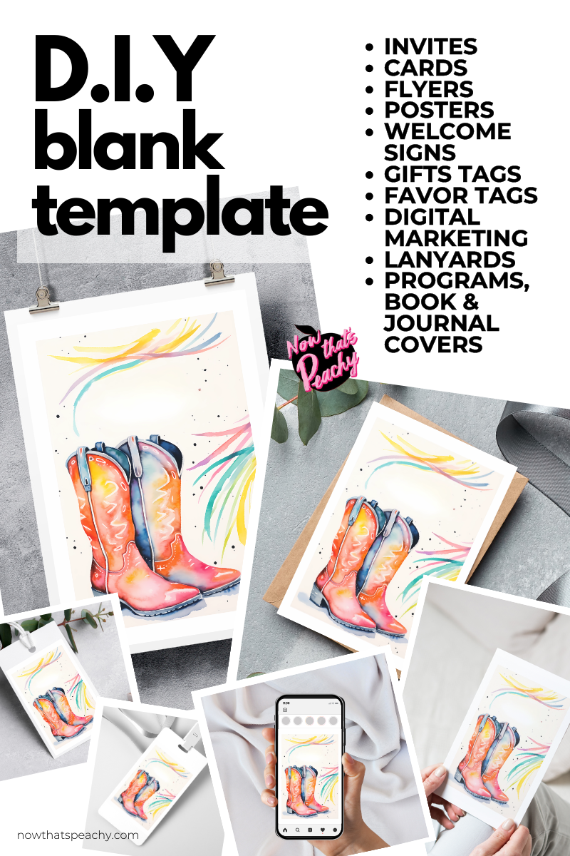 Colourful Boots Watercolor Blank Template Western Party invitations Poster Journal Page DIY