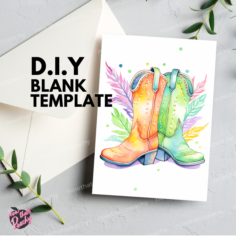 Rainbow Western Boots Watercolor Blank Page Template Bachelorette Birthday Party Invites DIY
