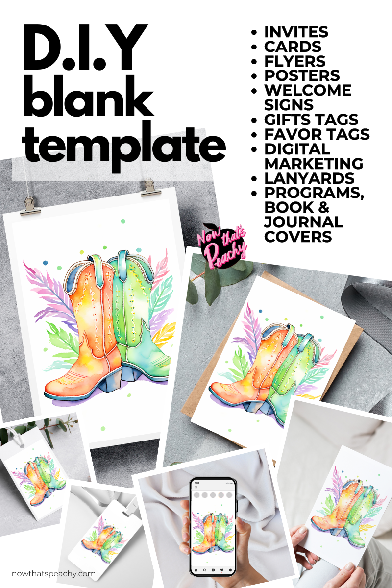 Rainbow Western Boots Watercolor Blank Page Template Bachelorette Birthday Party Invites DIY
