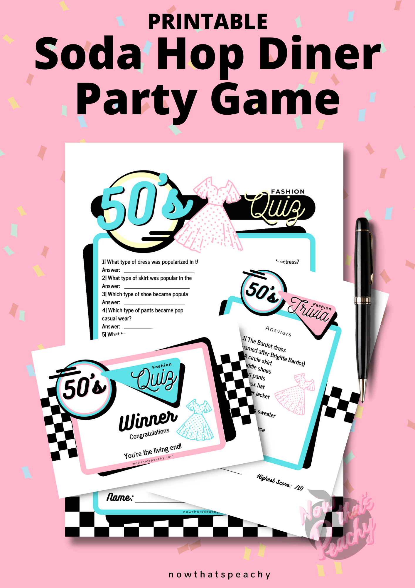 1950s fashion quiz trivia question game printable fifties diner sock hop rocknroll grease themed birthday party instant digital download print off diy fun easy nowthatspeachy 