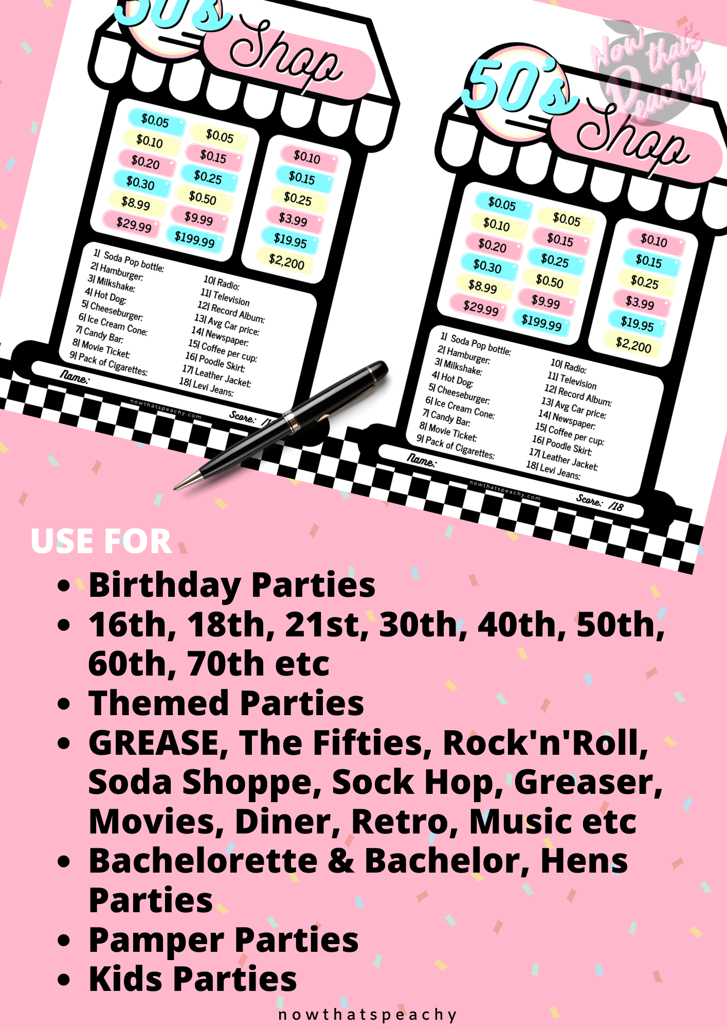 DINER 1950's Shop Price Guessing Game Party PRINTABLE, Rock'n'roll Sock Hop Retro 50s Birthday fifties Soda hop shoppe instant digital download price is right birthday kids teen adult all ages print off at home fun easy cheap games