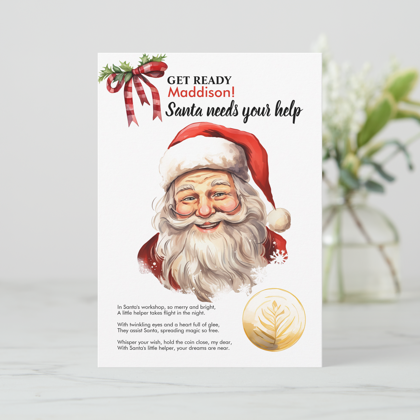 Personalized Santa Needs Your Help Red Magic Wish coin Card for kids christmas eve keepsake stocking gift idea for parents, easy instant digital download printable
