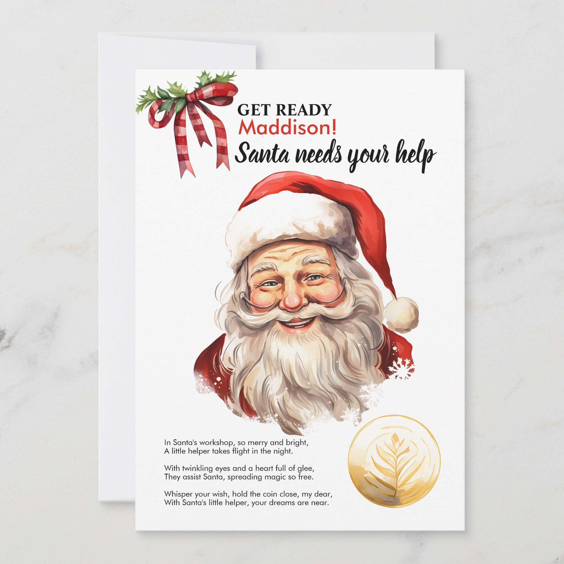 Personalized Santa Needs Your Help Red Magic Wish coin Card for kids christmas eve keepsake stocking gift idea for parents, easy instant digital download printable