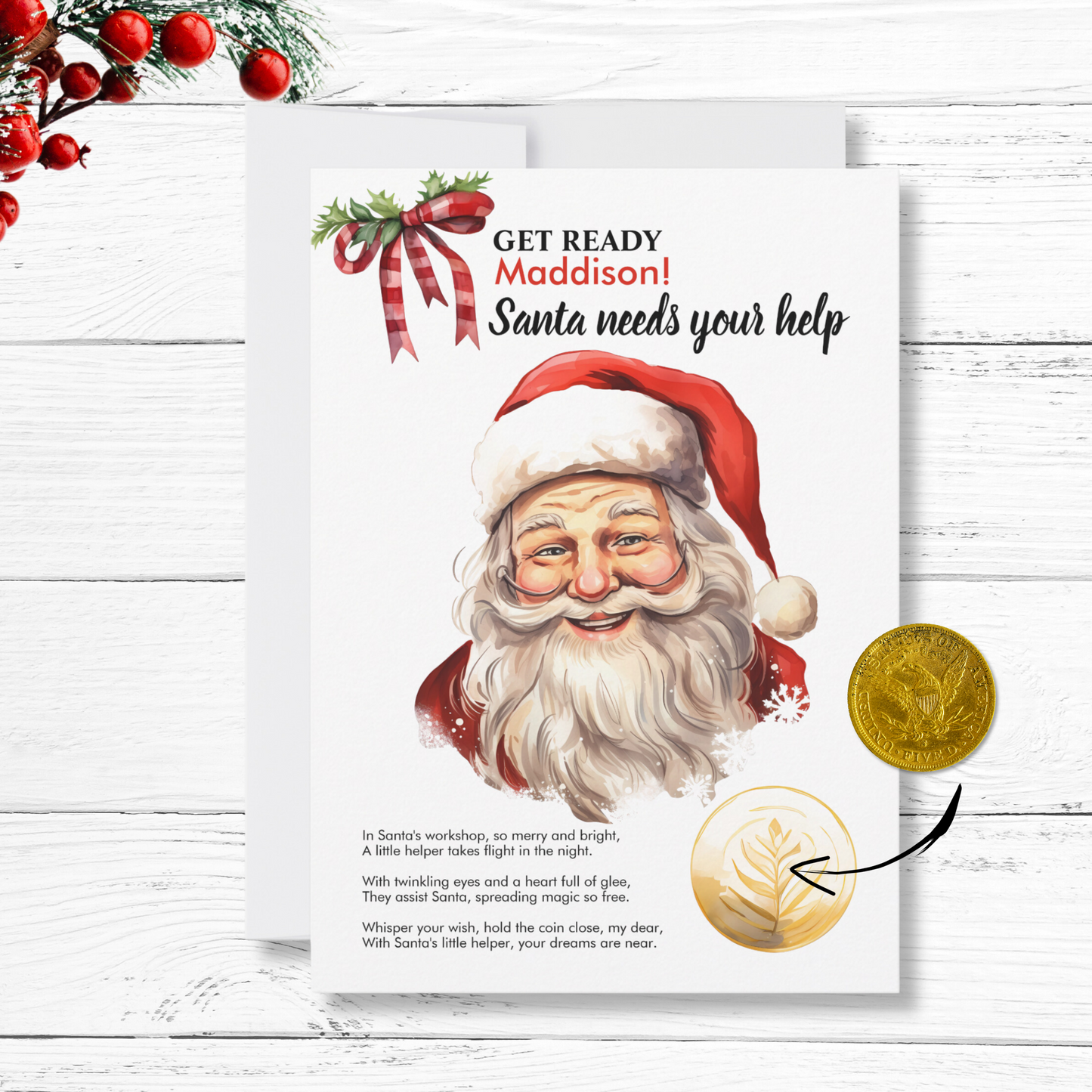 Personalized Santa Needs Your Help Red Magic Wish coin Card for kids christmas eve keepsake stocking gift idea for parents, easy instant digital download printable