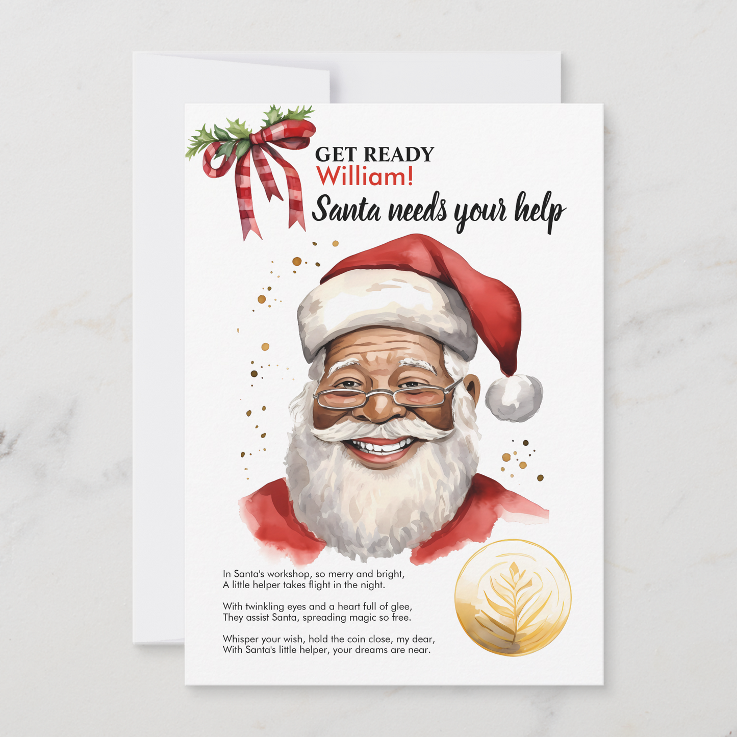 Personalized Black Santa Needs Your Help Red Magic Wish coin Card for kids christmas eve keepsake stocking gift idea for parents, easy instant digital download printable