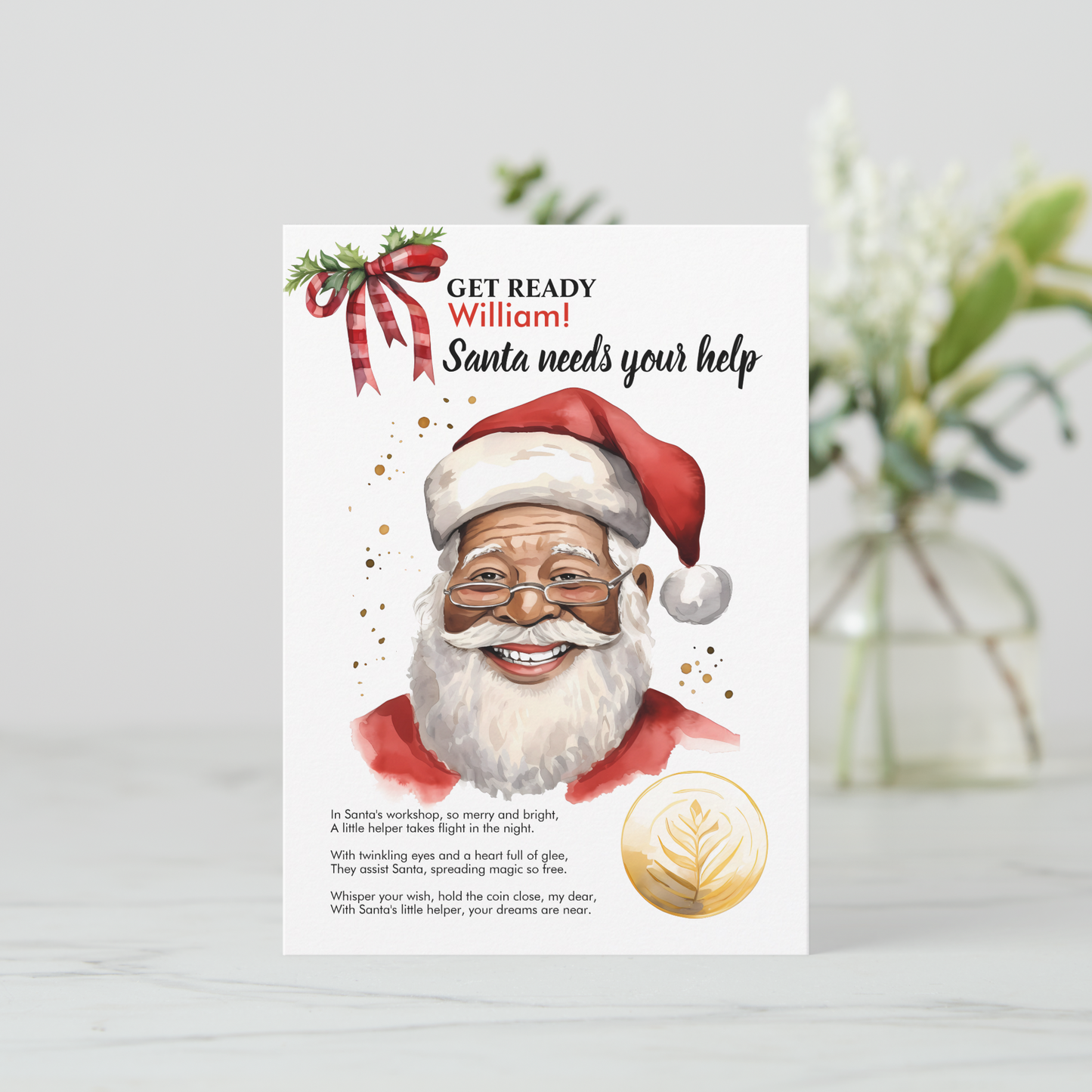 Personalized Black Santa Needs Your Help Red Magic Wish coin Card for kids christmas eve keepsake stocking gift idea for parents, easy instant digital download printable