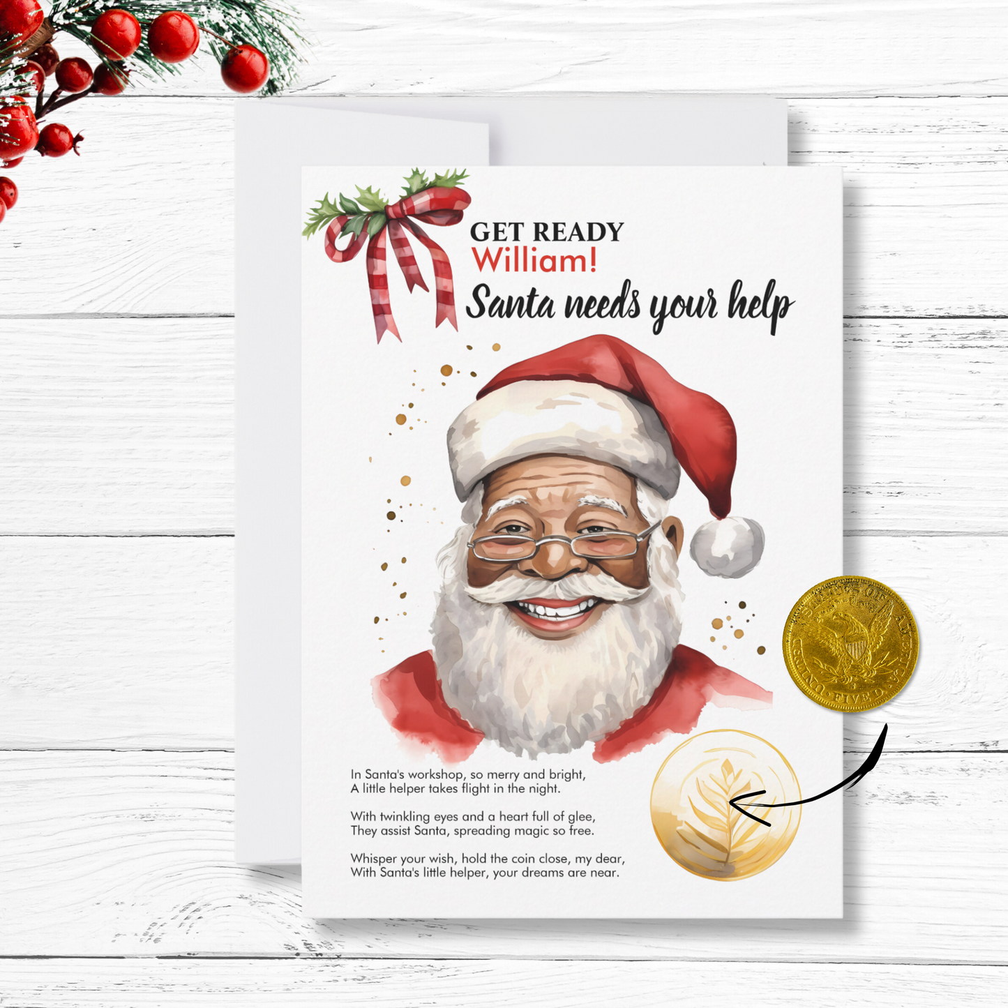 Personalized Black Santa Needs Your Help Red Magic Wish coin Card for kids christmas eve keepsake stocking gift idea for parents, easy instant digital download printable