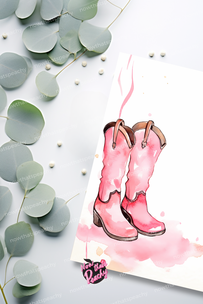 Pastel Pink Red Western Boots Watercolor Template Blank Page Border Frame Invite DIY