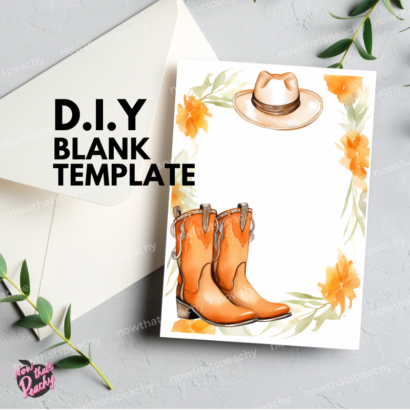 Western Cowgirl Boot Hat Watercolor Blank Template Invitation Page Border Frame DIY