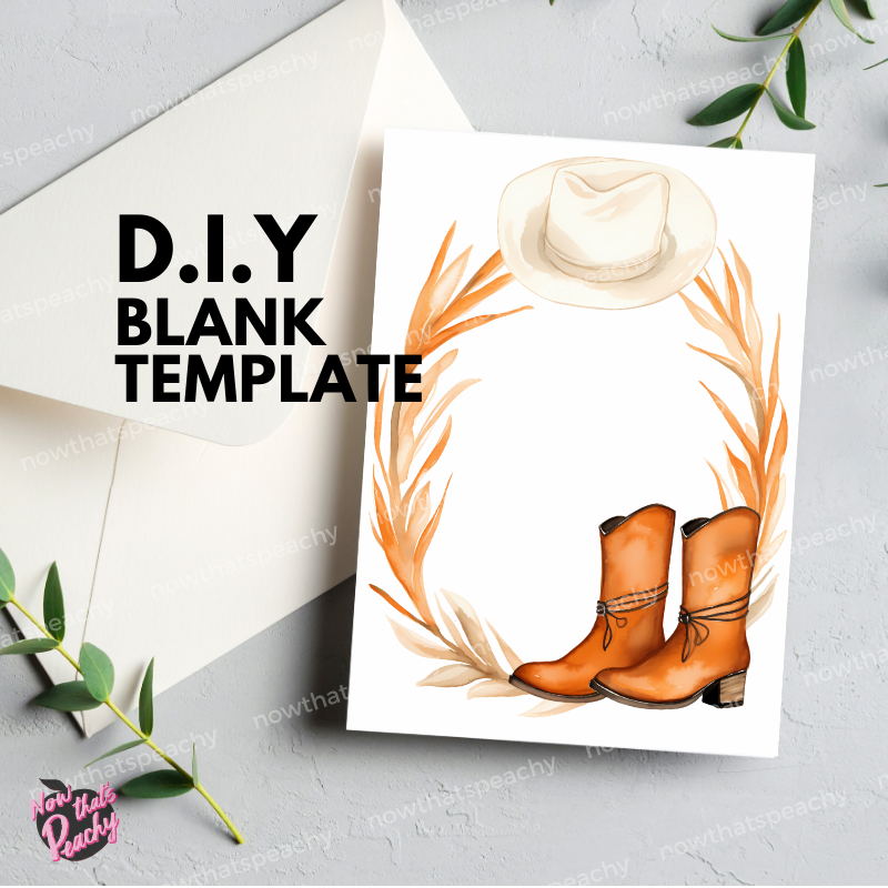 Boho Western Cowgirl Boot Hat Watercolor Blank Template Invite Wedding Bachelorette Birthday