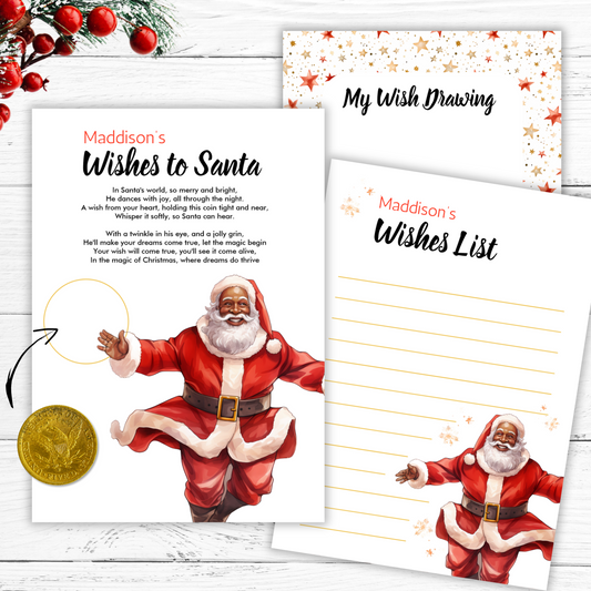 Personalized Black Santa Needs Your Help Red Magic Wish coin Card for kids christmas eve keepsake stocking gift idea for parents, easy instant digital download printable