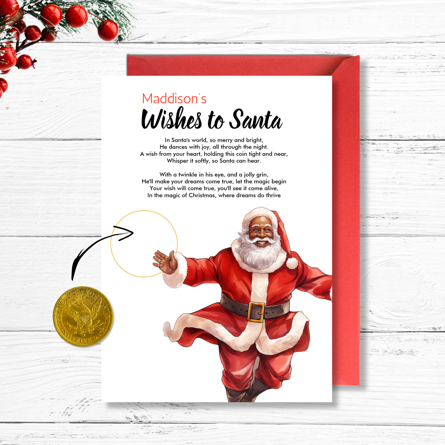 Personalized Black Santa Needs Your Help Red Magic Wish coin Card for kids christmas eve keepsake stocking gift idea for parents, easy instant digital download printable
