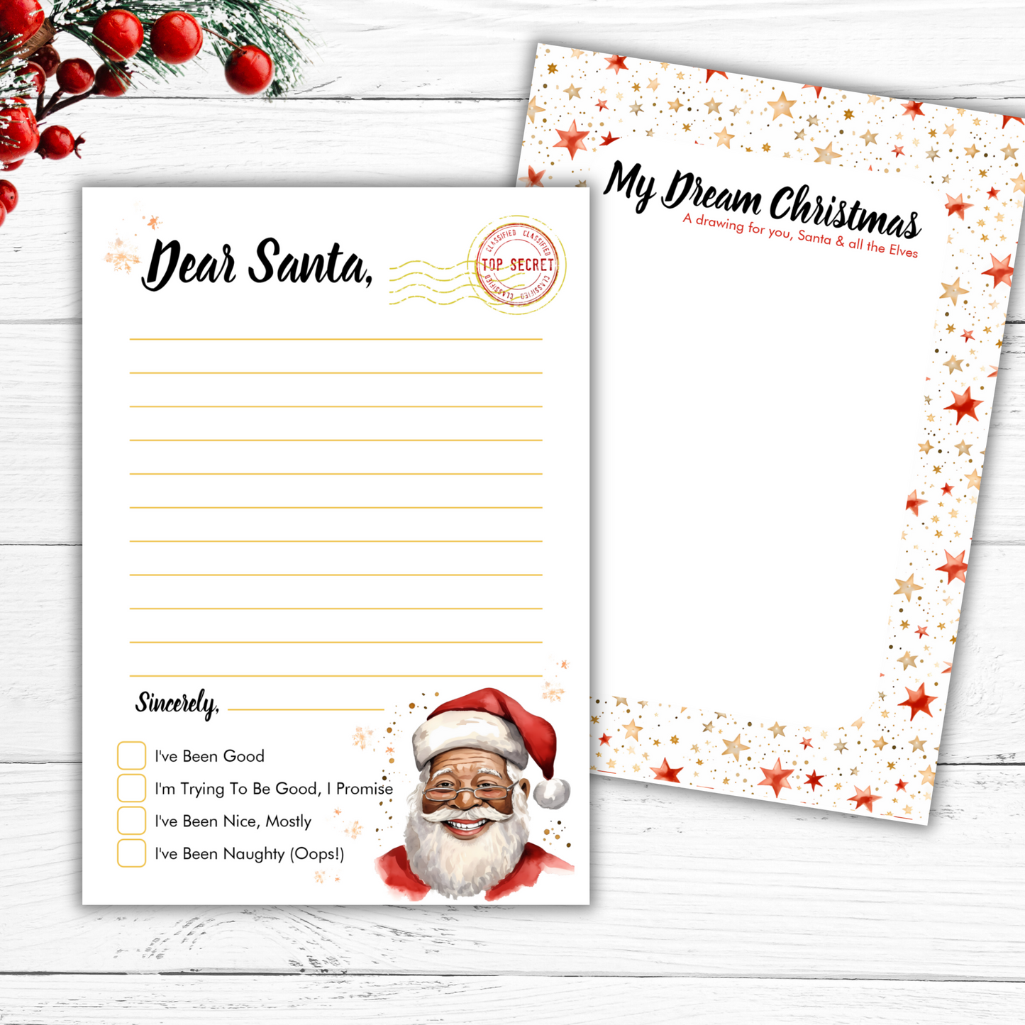 Dear Santa letter and drawing activity set Black Santa keepsake idea for kids, easy instant digital download printable