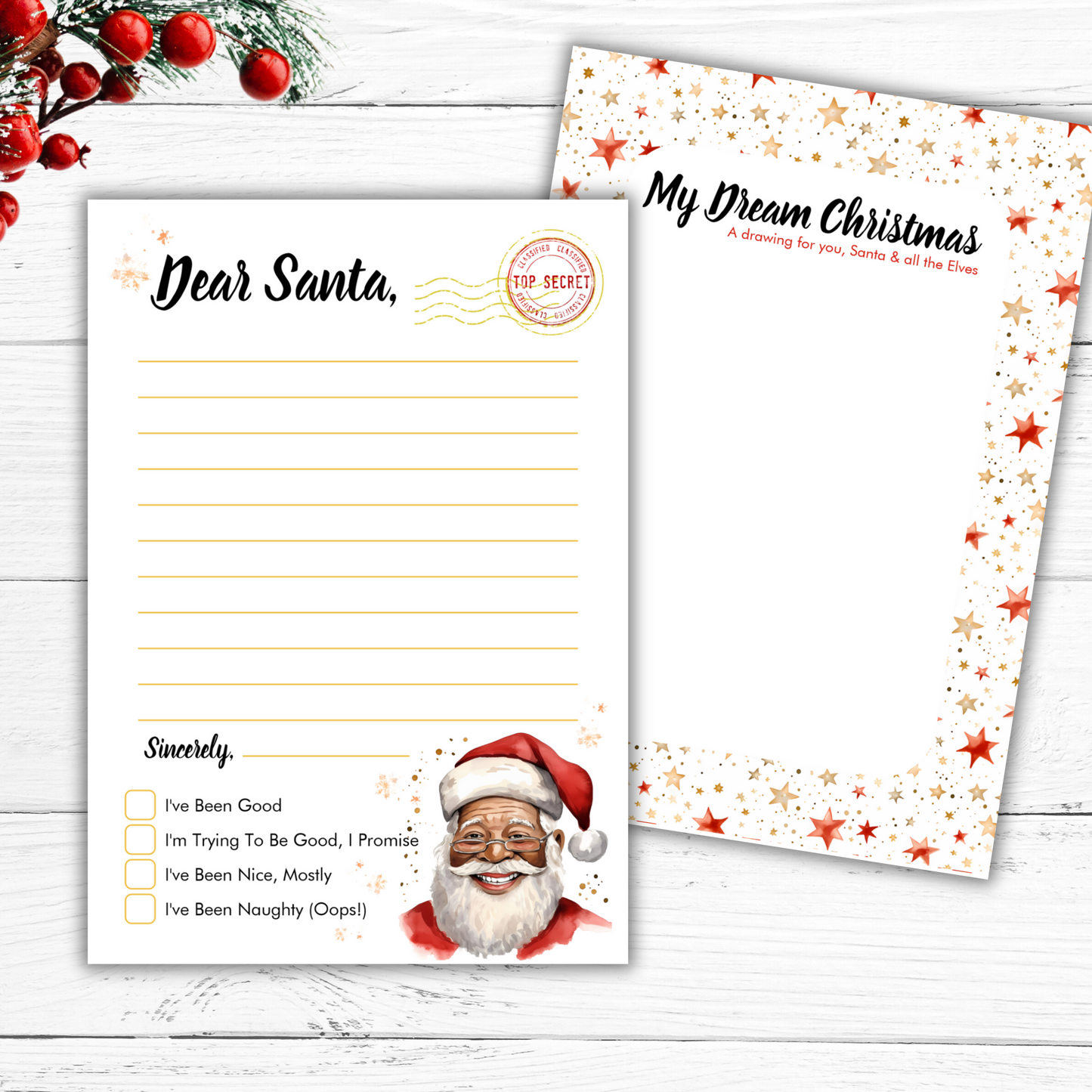 Dear Santa letter and drawing activity set Black Santa  keepsake idea for kids, easy instant digital download printable