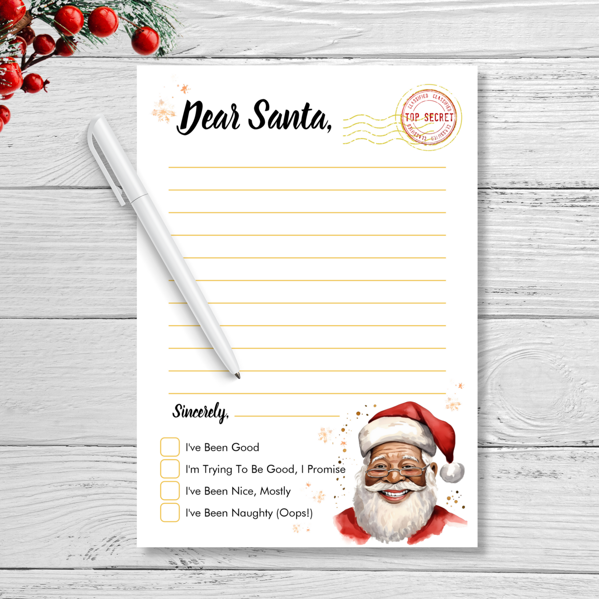 Dear Santa letter and drawing activity set Black Santa  keepsake idea for kids, easy instant digital download printable