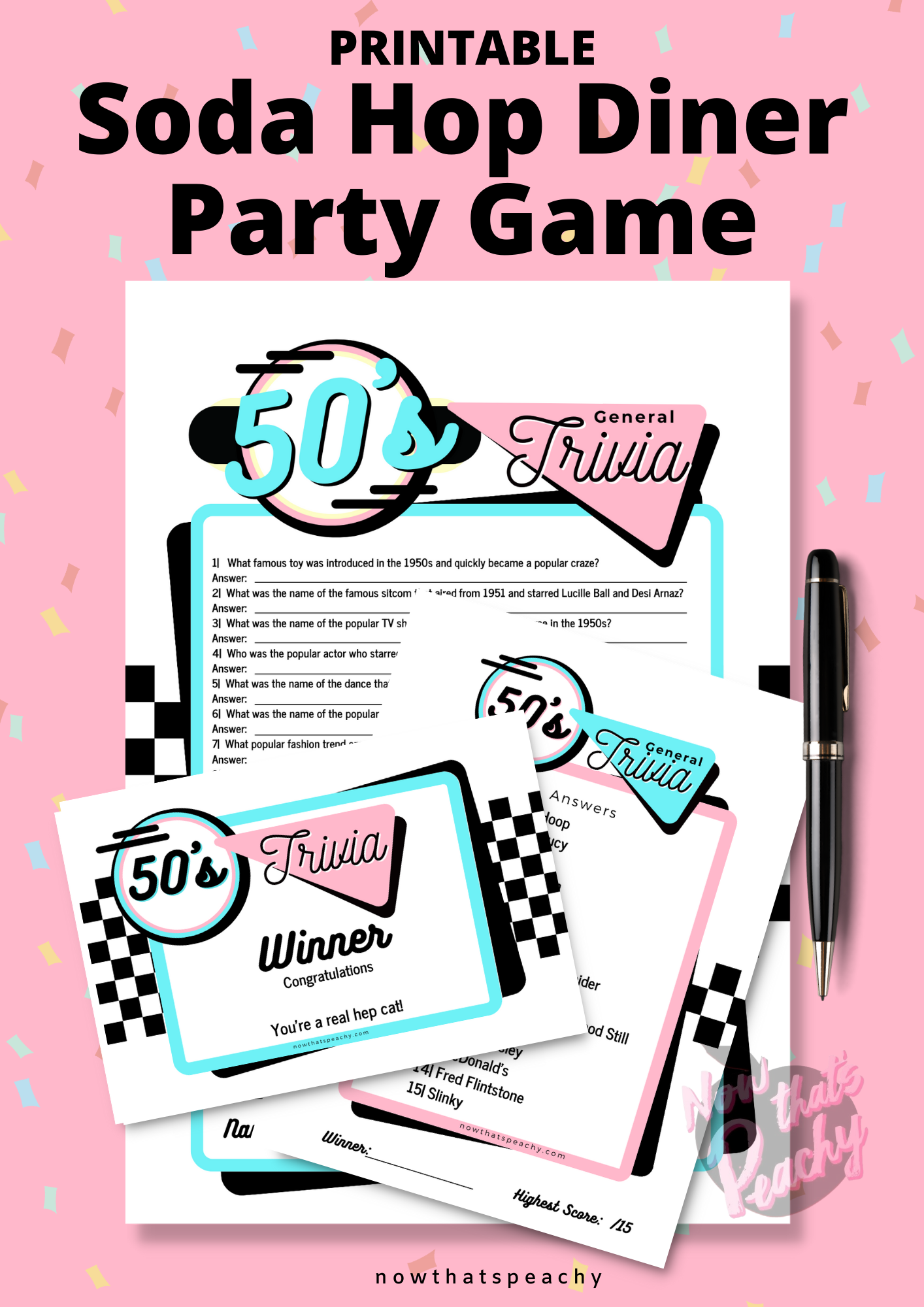 General 1950s Trivia Quiz printable party game, instant digital download sock hop soda diner rocknroll rockabilly fifties themed parties events. fun easy. retro pink aqua blue nostalgic design style vibe, all round general questions answers awards to print off and play nowthatspeachy 