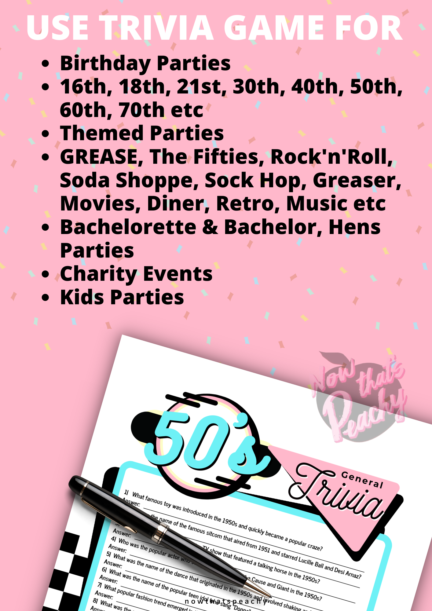 General 1950s Trivia Quiz printable party game, instant digital download sock hop soda diner rocknroll rockabilly fifties themed parties events. fun easy. retro pink aqua blue nostalgic design style vibe, all round general questions answers awards to print off and play nowthatspeachy 