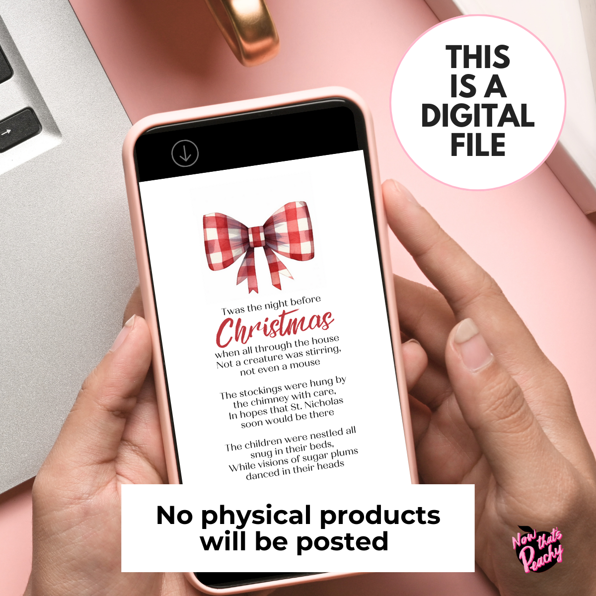 Twas the Night Before Christmas Printable Poster poem in black frame next to pretty festive tree for Christmas home Decor in classic Pastel Pink Pretty Bow Design