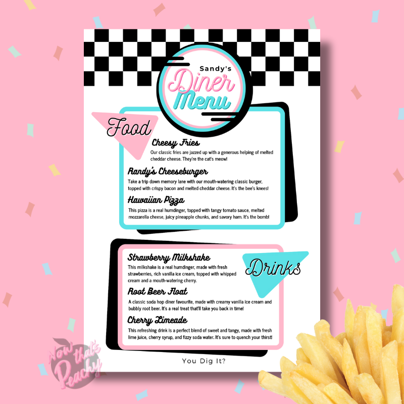 Custom DINER 50's Food Menu Party PRINTABLE, Rock'n'roll Soda Pop Retro 1950s poster Birthday fifties personalised customized editable decorations Grease Sock Hop Route 66 greaser fifties rocknroll themed birthday Canva edit print off digital download