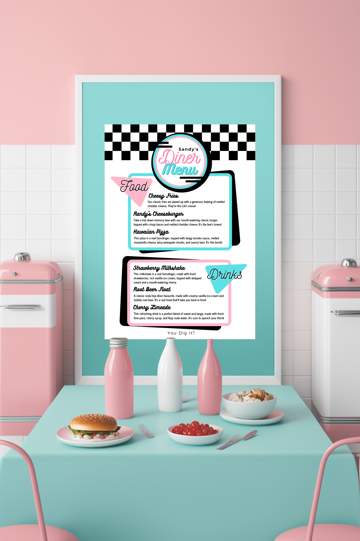 Custom DINER 50's Food Menu Party PRINTABLE, Rock'n'roll Soda Pop Retro 1950s poster Birthday fifties personalised customized editable decorations Grease Sock Hop Route 66 greaser fifties rocknroll themed birthday Canva edit print off digital download