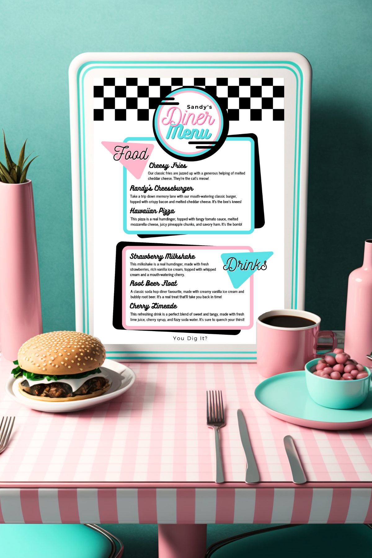 Custom DINER 50's Food Menu Party PRINTABLE, Rock'n'roll Soda Pop Retro 1950s poster Birthday fifties personalised customized editable decorations Grease Sock Hop Route 66 greaser fifties rocknroll themed birthday Canva edit print off digital download