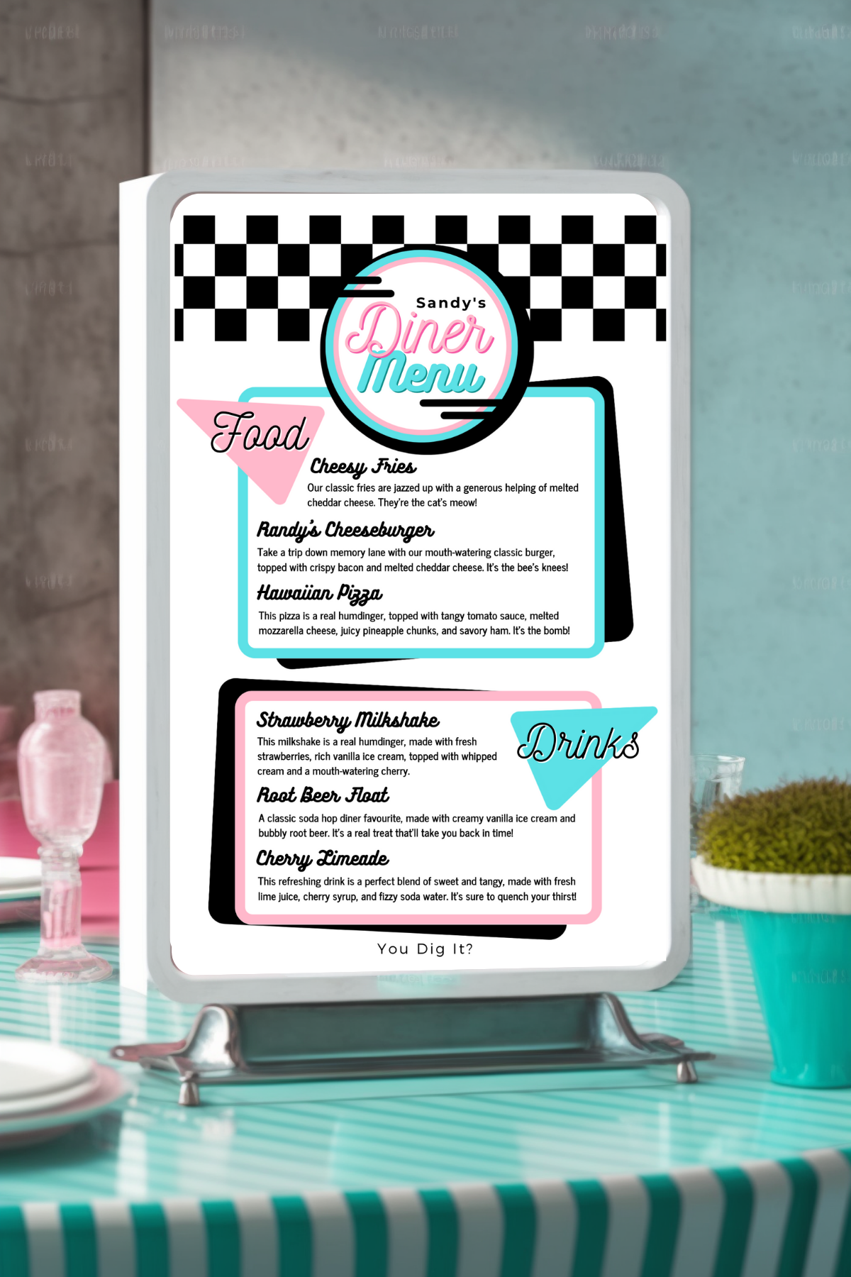 Custom DINER 50's Food Menu Party PRINTABLE, Rock'n'roll Soda Pop Retro 1950s poster Birthday fifties personalised customized editable decorations Grease Sock Hop Route 66 greaser fifties rocknroll themed birthday Canva edit print off digital download