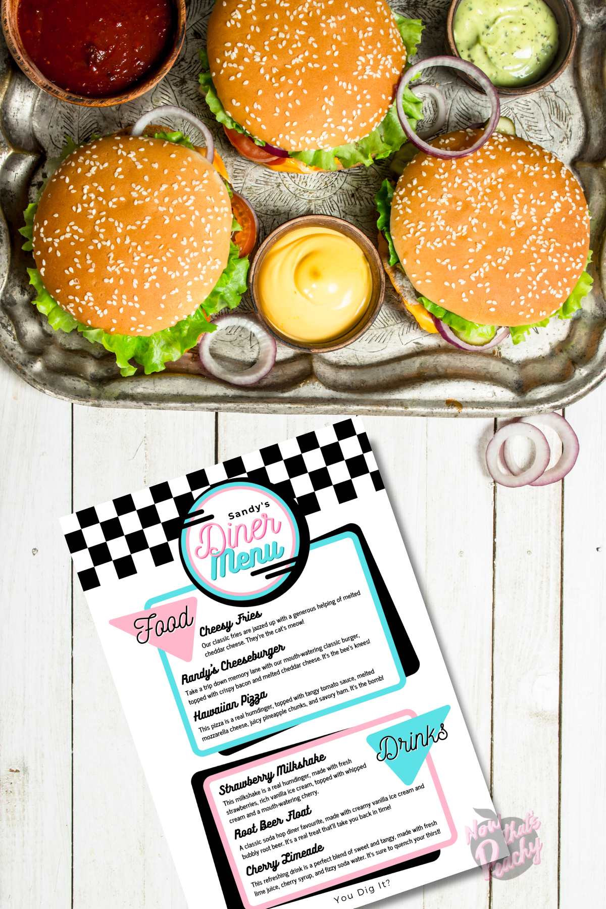 Custom DINER 50's Food Menu Party PRINTABLE, Rock'n'roll Soda Pop Retro 1950s poster Birthday fifties personalised customized editable decorations Grease Sock Hop Route 66 greaser fifties rocknroll themed birthday Canva edit print off digital download