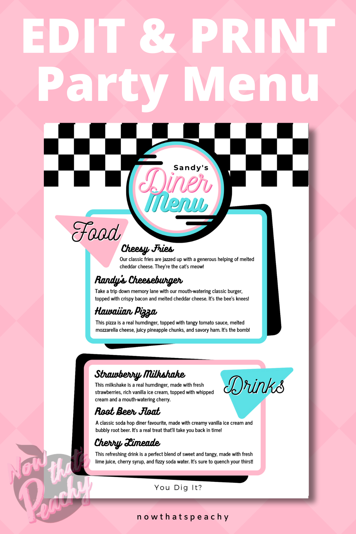 Custom DINER 50's Food Menu Party PRINTABLE, Rock'n'roll Soda Pop Retro 1950s poster Birthday fifties personalised customized editable decorations Grease Sock Hop Route 66 greaser fifties rocknroll themed birthday Canva edit print off digital download