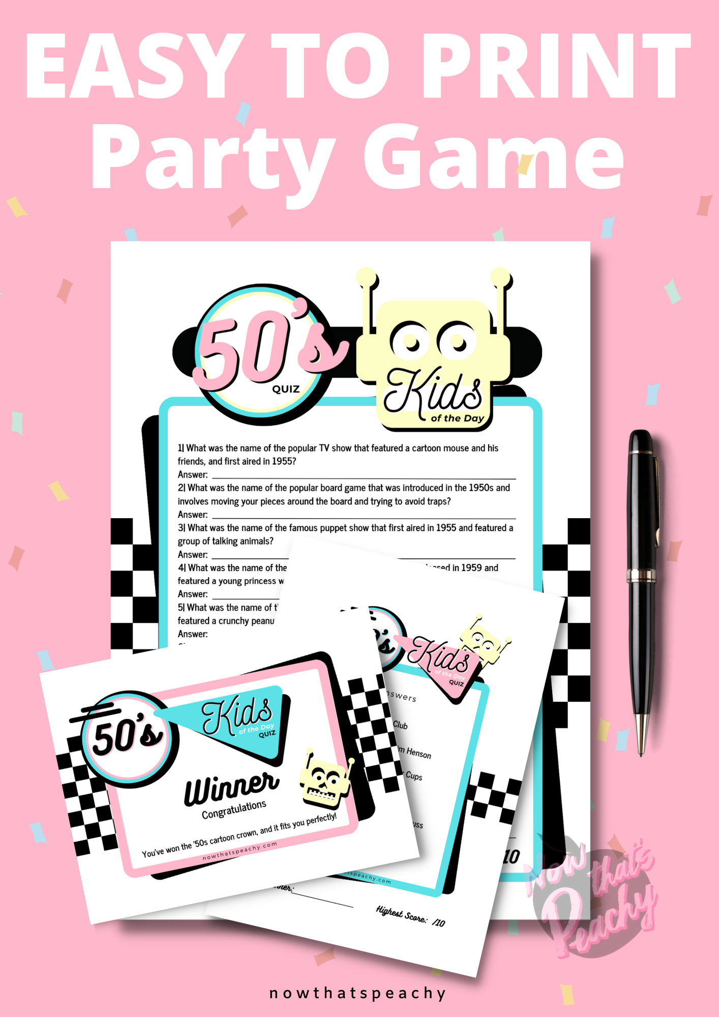 1950's Kids of the Day Trivia Quiz Game Party PRINTABLE, for Rock'n'roll Sock Hop Retro Birthday fifties parties. This delightful game is designed to evoke nostalgia and memories of your childhood years, making it perfect for adults who want to relive the magic of being a kid in the '50s. With 10 carefully crafted questions, our trivia quiz covers a wide range of topics that were popular among kids during that era. From beloved TV shows and iconic toys to memorable movies