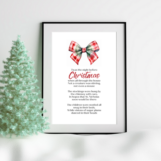 Twas the Night Before Christmas Printable Poster poem in black frame next to pretty festive tree for Christmas home Decor in classic traditional red green tartan check Bow Design