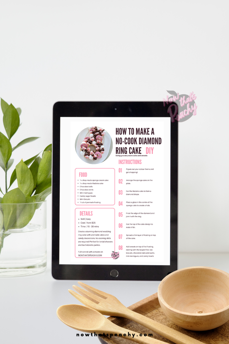 tutorial on how to make a diamond ring bridal shower cake no cook diy easy design for bridal showers, hens nights, bachelorette parties, bride to be weekend away, free recipe card nowthatspeachy