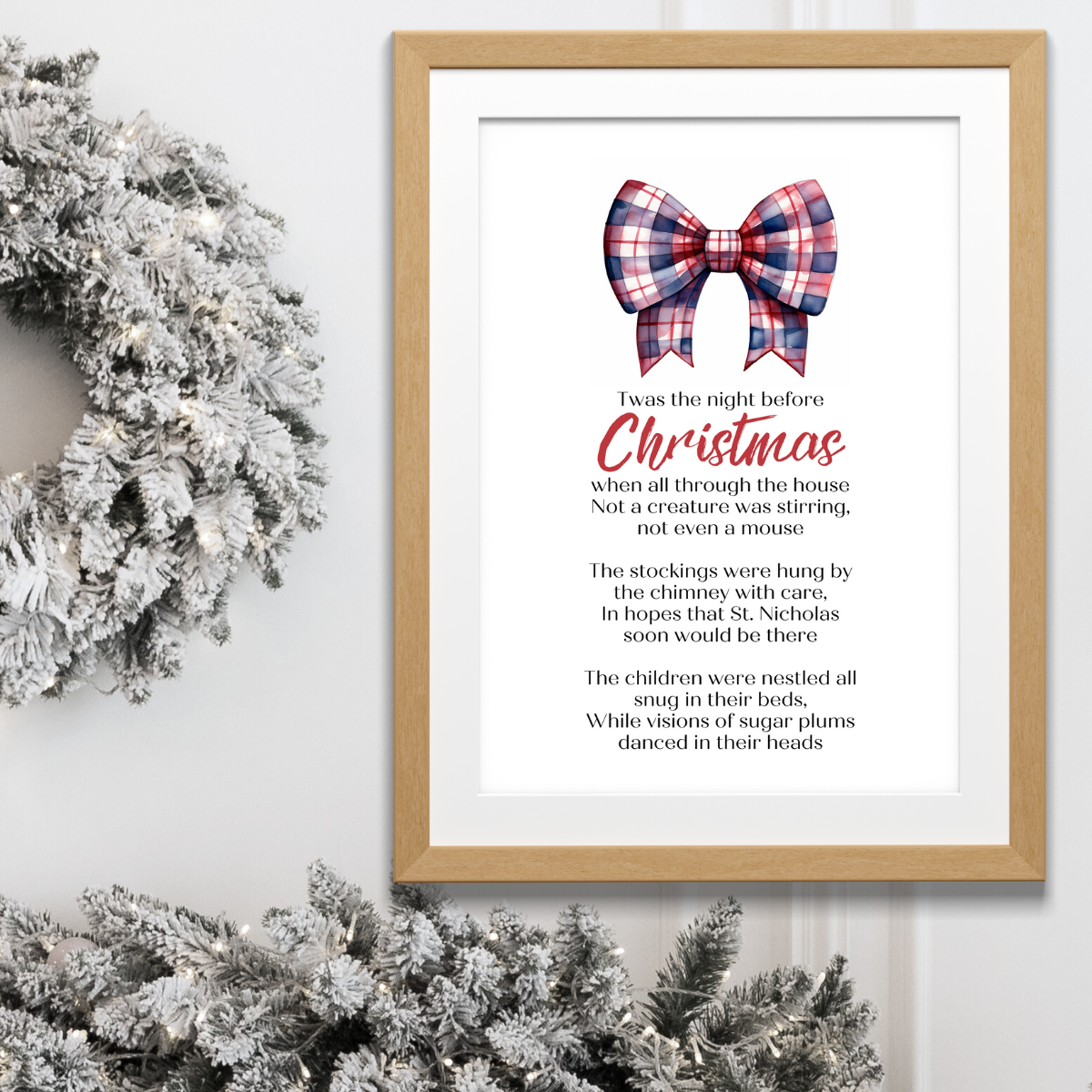 Twas the Night Before Christmas Printable Poster poem in black frame next to pretty festive tree for Christmas home Decor in classic Navy Red Tarten Check  Bow Design