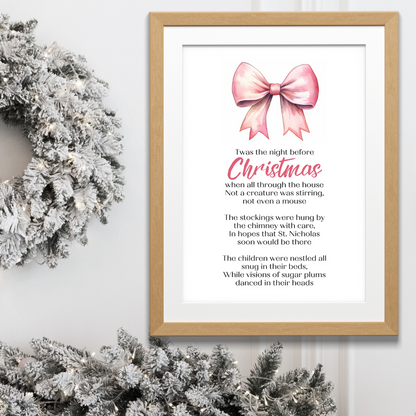 Twas the Night Before Christmas Printable Poster poem in black frame next to pretty festive tree for Christmas home Decor in classic Pastel Pink Pretty  Bow Design