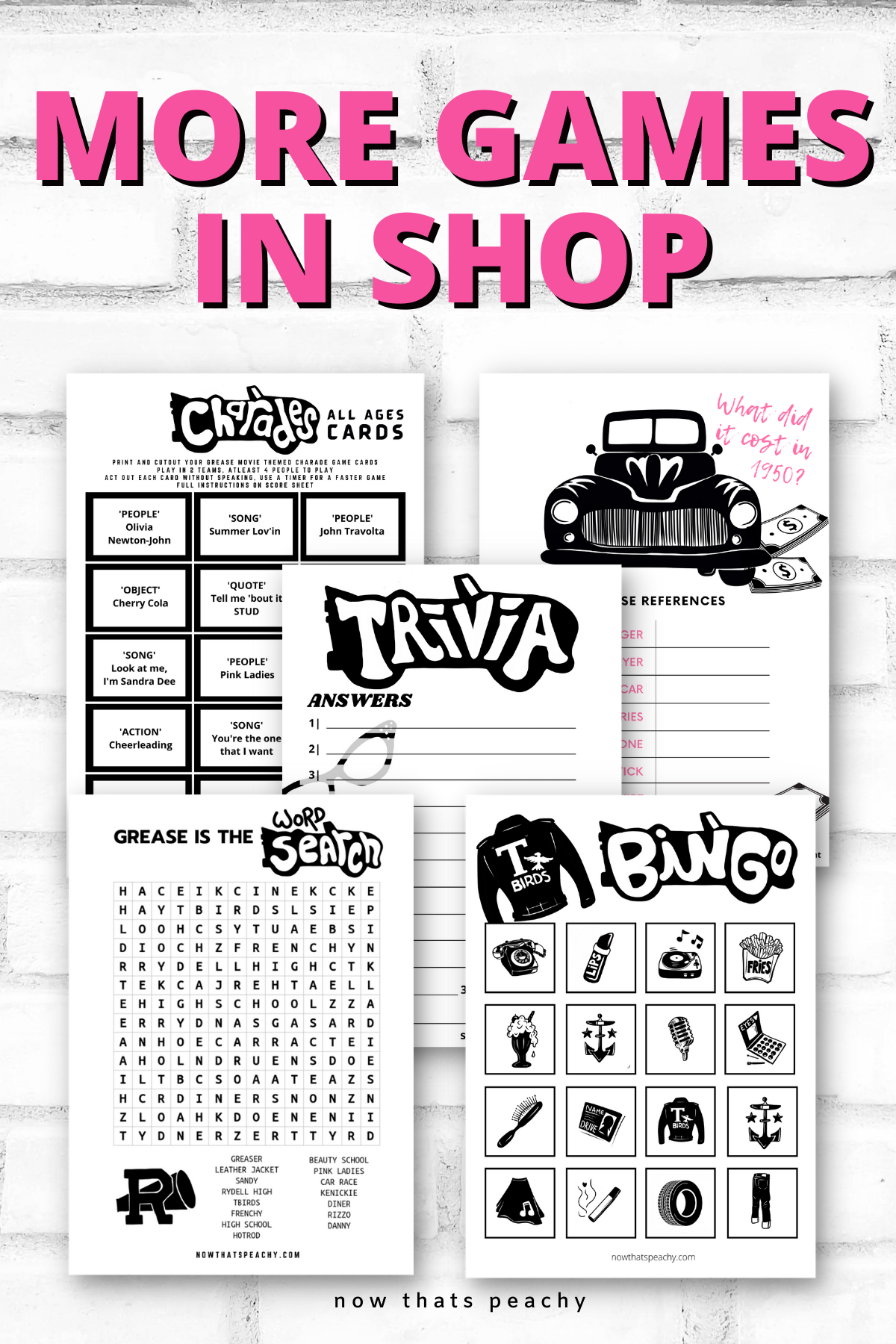 Grease Movie what does it cost in 1950 trivia quiz question game party package 1950s fifties 50's printable template digital instant download edit Danny Sandy T-birds Pink Ladies invite soda hop jukebox rockabilly rock'n'roll musical movie design black white modern color fun themed bachelorette birthday charity fundraiser event activity