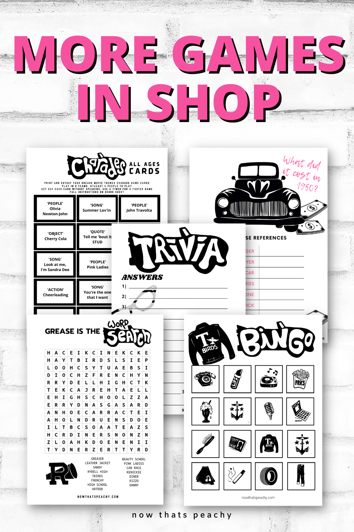 Grease Movie what does it cost in 1950 trivia  quiz question game party package 1950s fifties 50's printable template digital instant download edit Danny Sandy T-birds Pink Ladies  invite soda hop jukebox rockabilly rock'n'roll musical movie design black white modern color fun themed bachelorette birthday charity fundraiser event activity