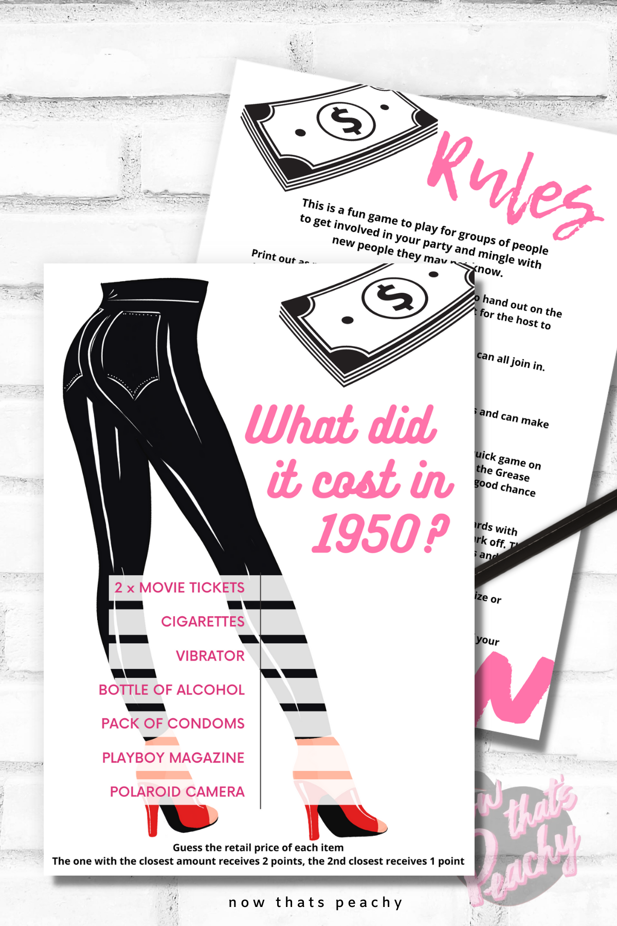 Grease Movie what does it cost in 1950 trivia quiz question game party package 1950s fifties 50's printable template digital instant download edit Danny Sandy T-birds Pink Ladies invite soda hop jukebox rockabilly rock'n'roll musical movie design black white modern color fun themed bachelorette birthday charity fundraiser event activity