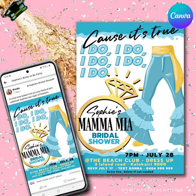 Mamma Mia 1970s flared denim pants disco boho hippy theme bachelorette party hens night bridal shower bride-to-be editable invitation canva printable template digital instant download edit sophie Donna and the dynamos invite edit custom wedding ring design gold blue white modern color