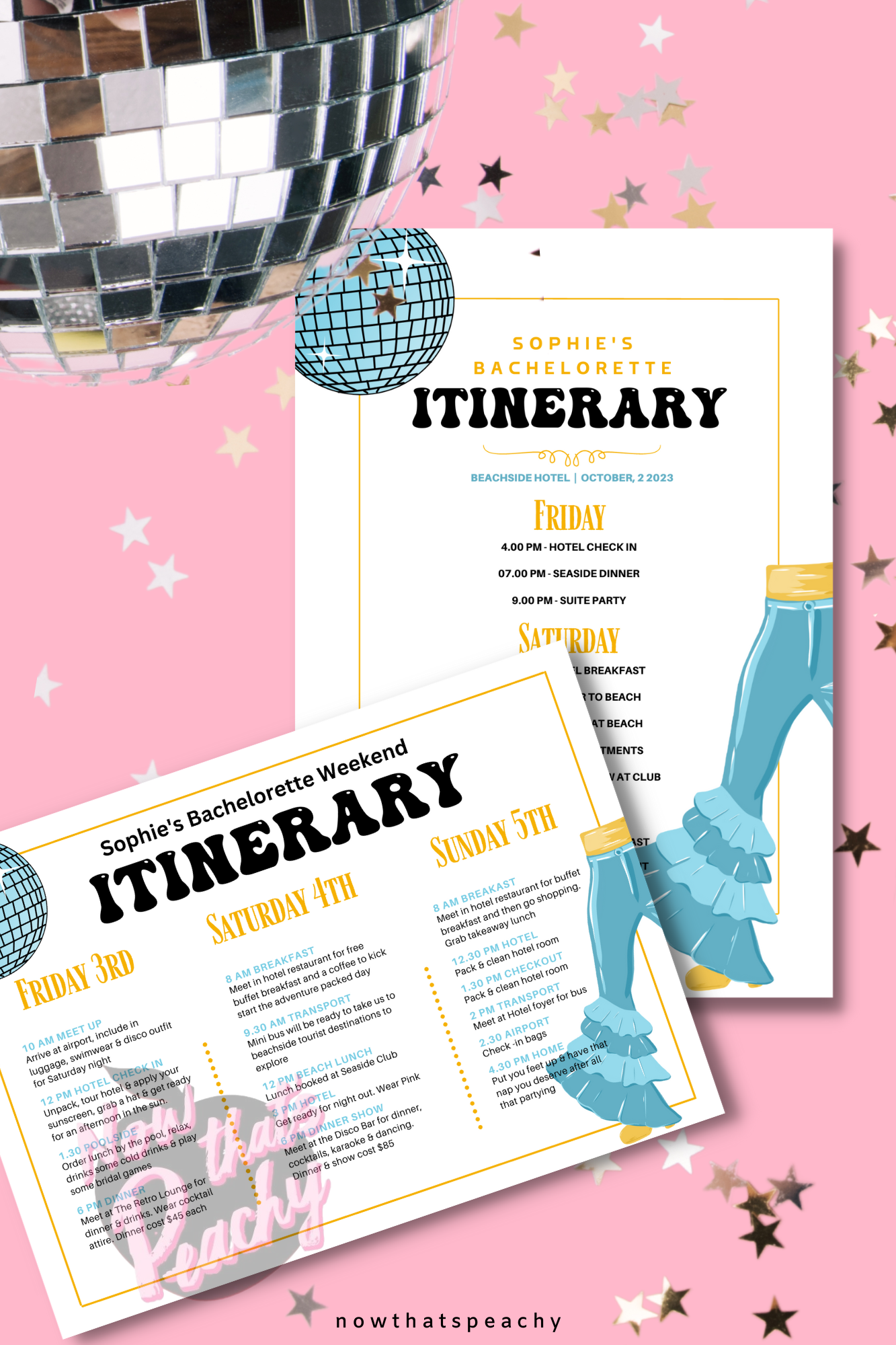 Mamma Mia itinerary getaway 1970s flared denim pants seventies 70's disco ball microphone karaoke studio 54 editable canva printable template digital instant download edit sophie Donna and the dynamos invite edit custom musical movie design gold blue white modern color fun themed bachelorette event
