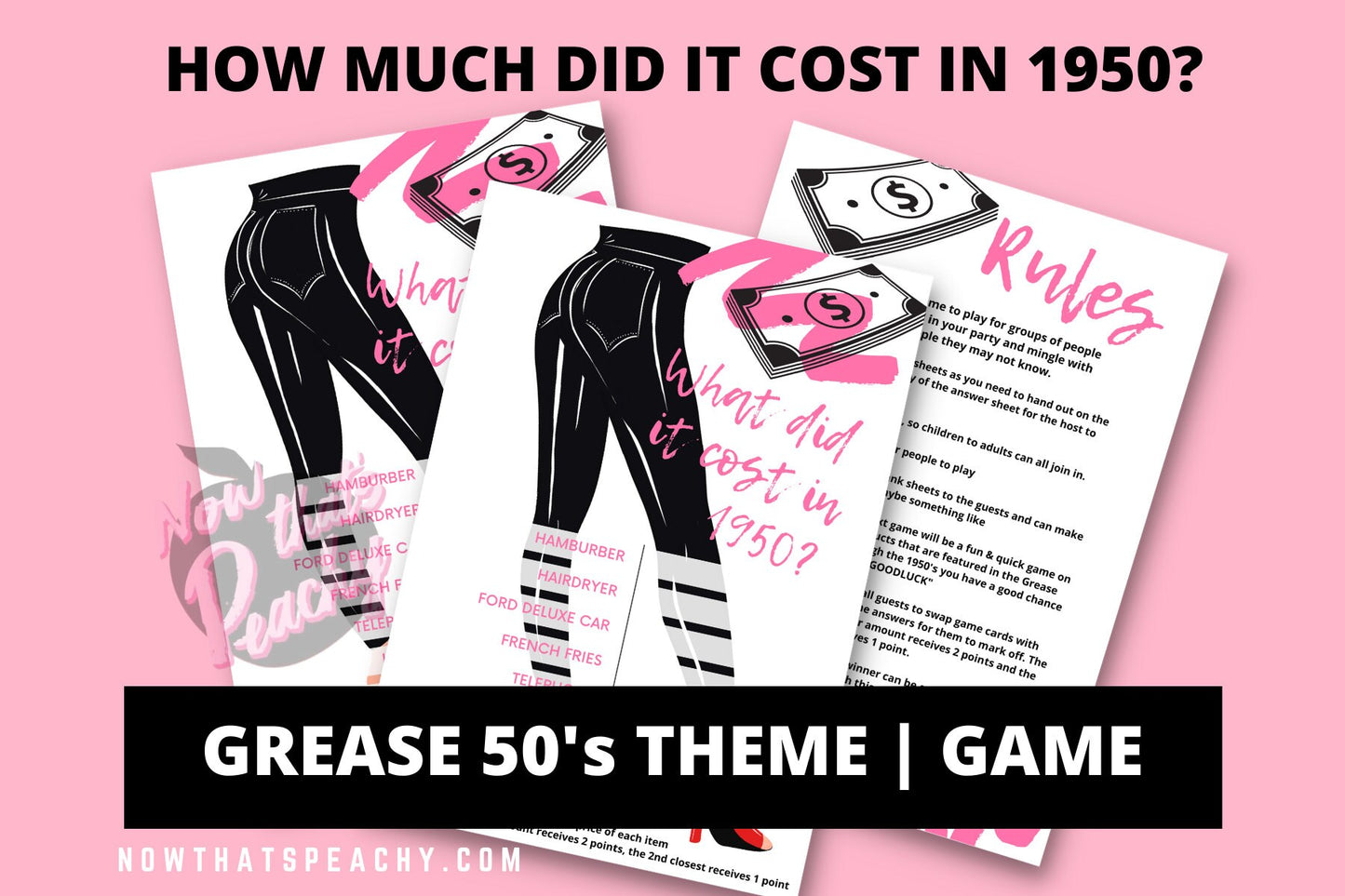 Grease Movie what does it cost in 1950 trivia quiz question game party package 1950s fifties 50's printable template digital instant download edit Danny Sandy T-birds Pink Ladies invite soda hop jukebox rockabilly rock'n'roll musical movie design black white modern color fun themed bachelorette birthday charity fundraiser event activity