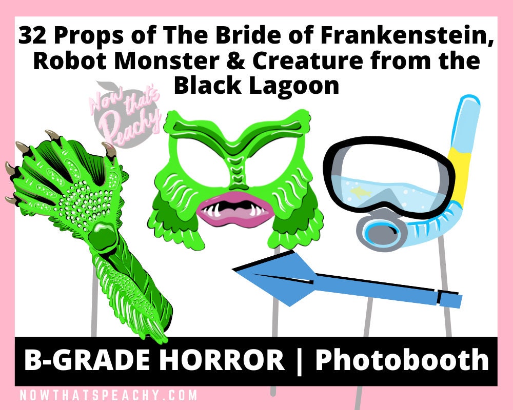B-Grade Monster Photo booth PRINTABLES Mask Props themed Horror Movie 1950s Halloween Birthdays Retro theme Bride of Frankenstein photobooth