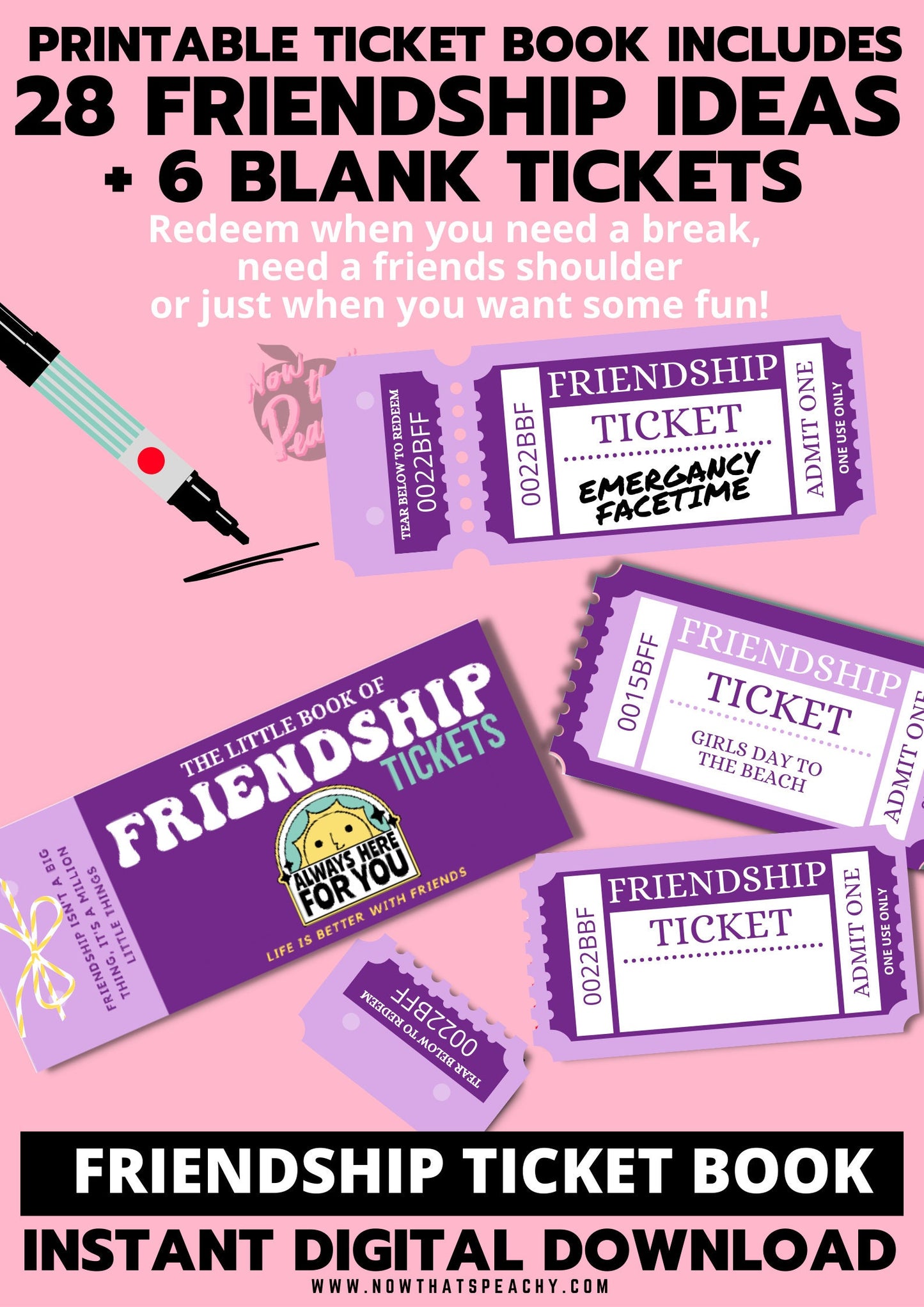 Shop for The Little Book of Friendship Ticket Voucher Coupon book printable DIY Template Blank fun activity bestie BFF friends treat appreciation print off valentines anniversary birthday digital download fun cheeky silly idea present print off funky purple 60s retro vintage y2k theme boyfriend girlfriend partner Miss lady girl male female adult anti vday product shop easy cheap affordable budget personalized custom inspiration present