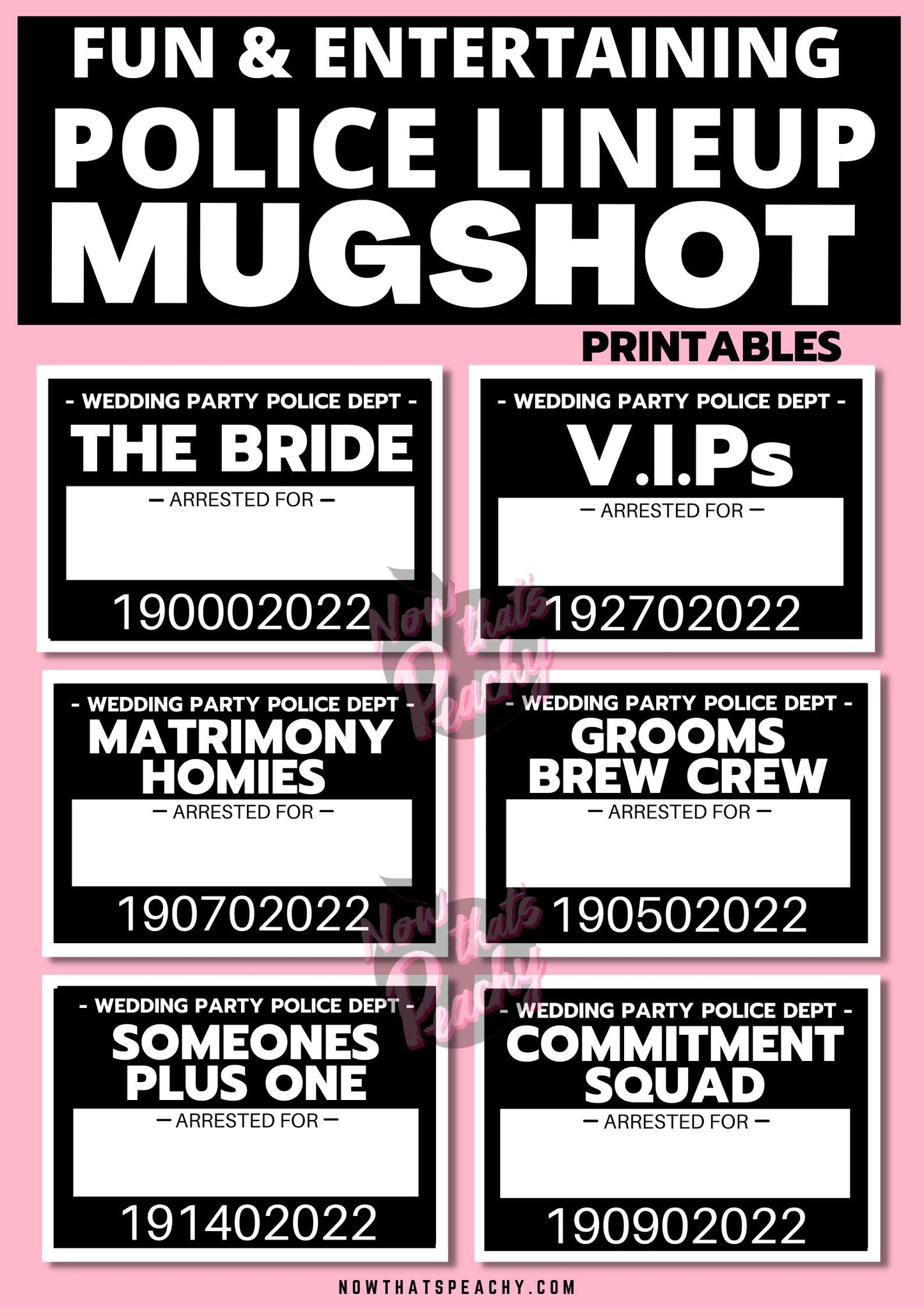 Wedding MUGSHOT Photo booth PRINTABLES 30 party Props Bride Groom Bridal Shower Parties police crime lineup fun unique modern photobooth pdf