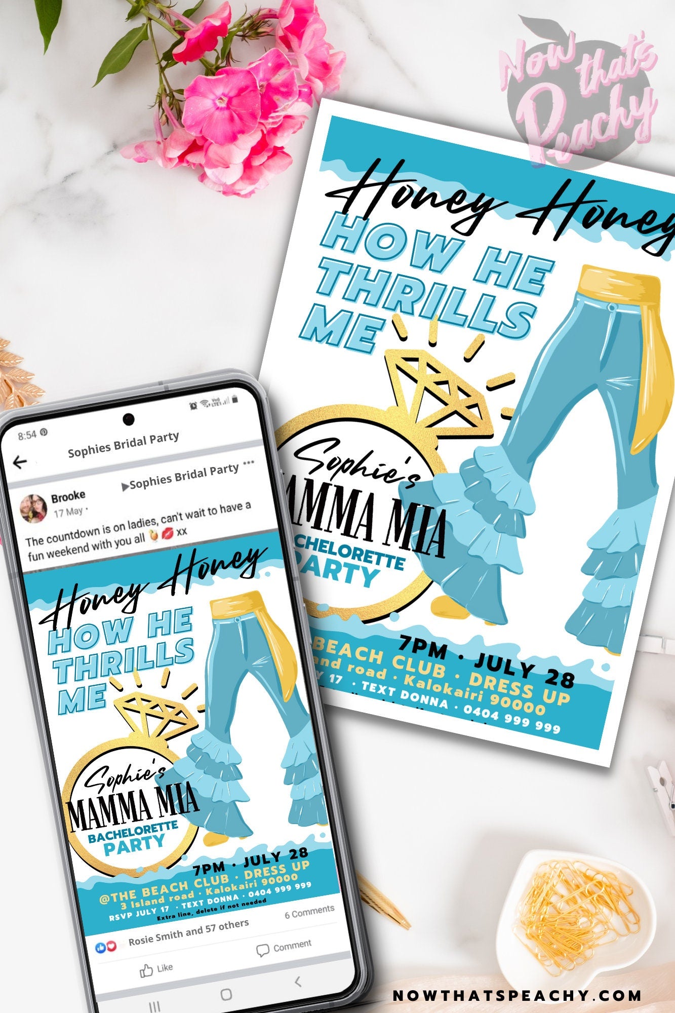 Mamma Mia 1970s flared denim pants disco boho hippy theme bachelorette party hens night bridal shower bride-to-be editable invitation canva printable template digital instant download edit sophie Donna and the dynamos invite edit custom wedding ring design gold blue white modern color