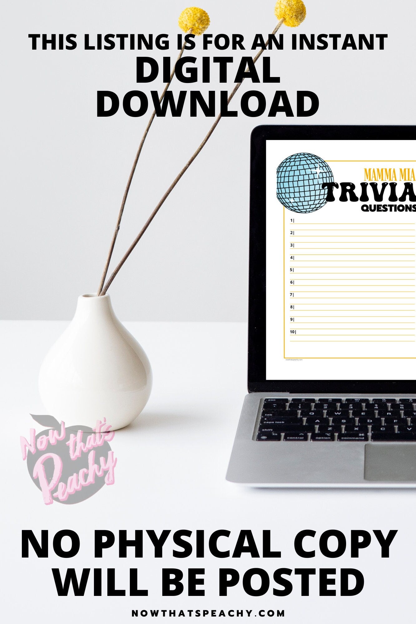 Mamma Mia trivia quiz question game 1970s flared denim pants seventies 70's disco ball karaoke printable template digital instant download edit Donna and the dynamos invite edit custom musical movie design black white modern color fun themed bachelorette birthday charity event activity