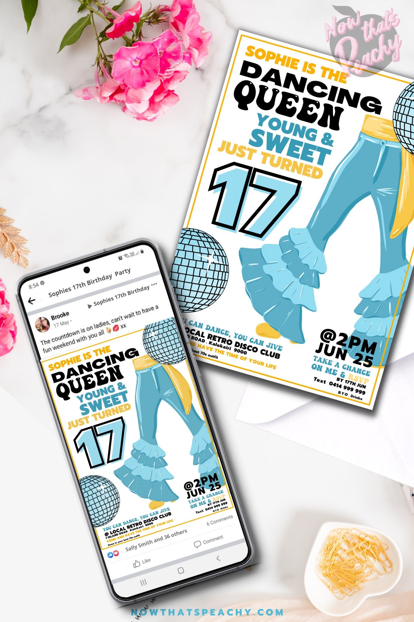 Mamma Mia 1970s flared denim pants seventies 70's disco ball boho hippy studio 54 theme young sweet seventeen 17th editable invitation canva printable template digital instant download edit sophie Donna and the dynamos invite edit custom musical movie design gold blue white modern color