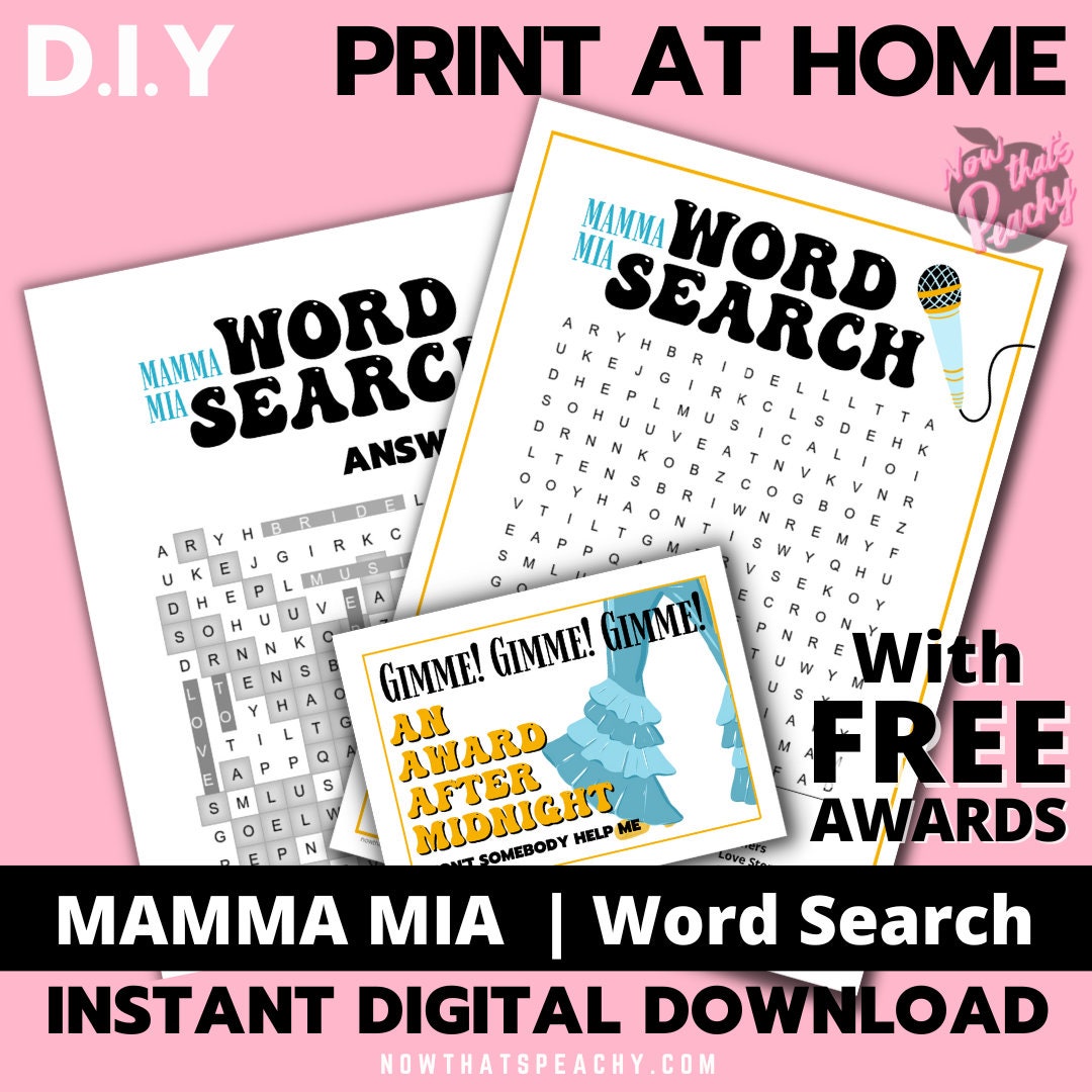 Mamma Mia word search quiz question game 1970s flared denim pants seventies 70's disco ball karaoke printable template digital instant download edit Donna and the dynamos invite edit custom musical movie design black white modern color fun themed bachelorette birthday charity event activity