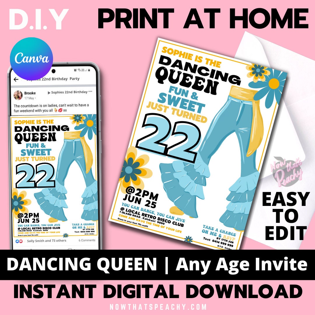 Mamma Mia 1970s flared denim pants seventies 70's flower boho hippy theme young any age 16th 15th 19th 21st 22nd 30th 40th 50th editable invitation canva printable template digital instant download edit sophie Donna and the dynamos invite edit custom musical movie design gold blue white modern color