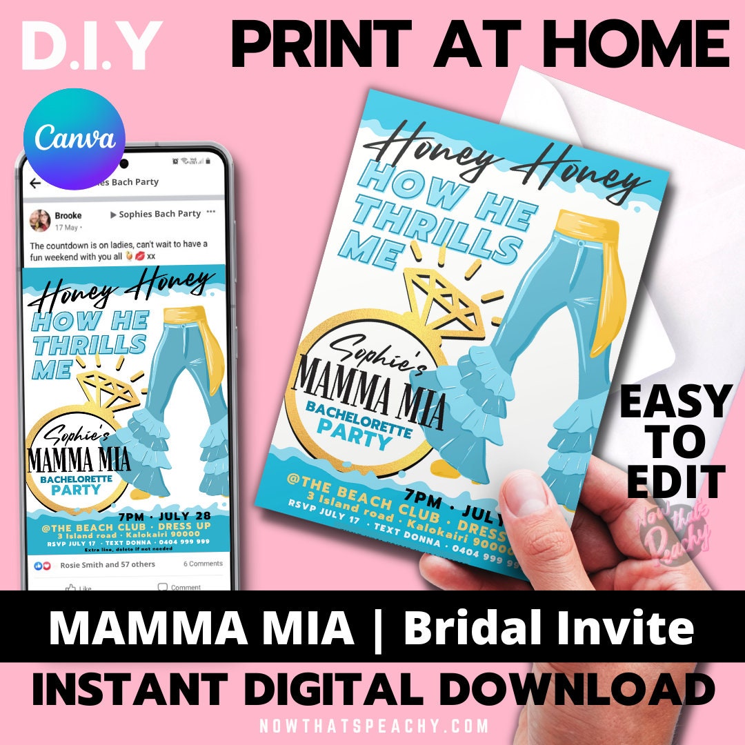 Mamma Mia 1970s flared denim pants disco boho hippy theme bachelorette party hens night bridal shower bride-to-be editable invitation canva printable template digital instant download edit sophie Donna and the dynamos invite edit custom wedding ring design gold blue white modern color