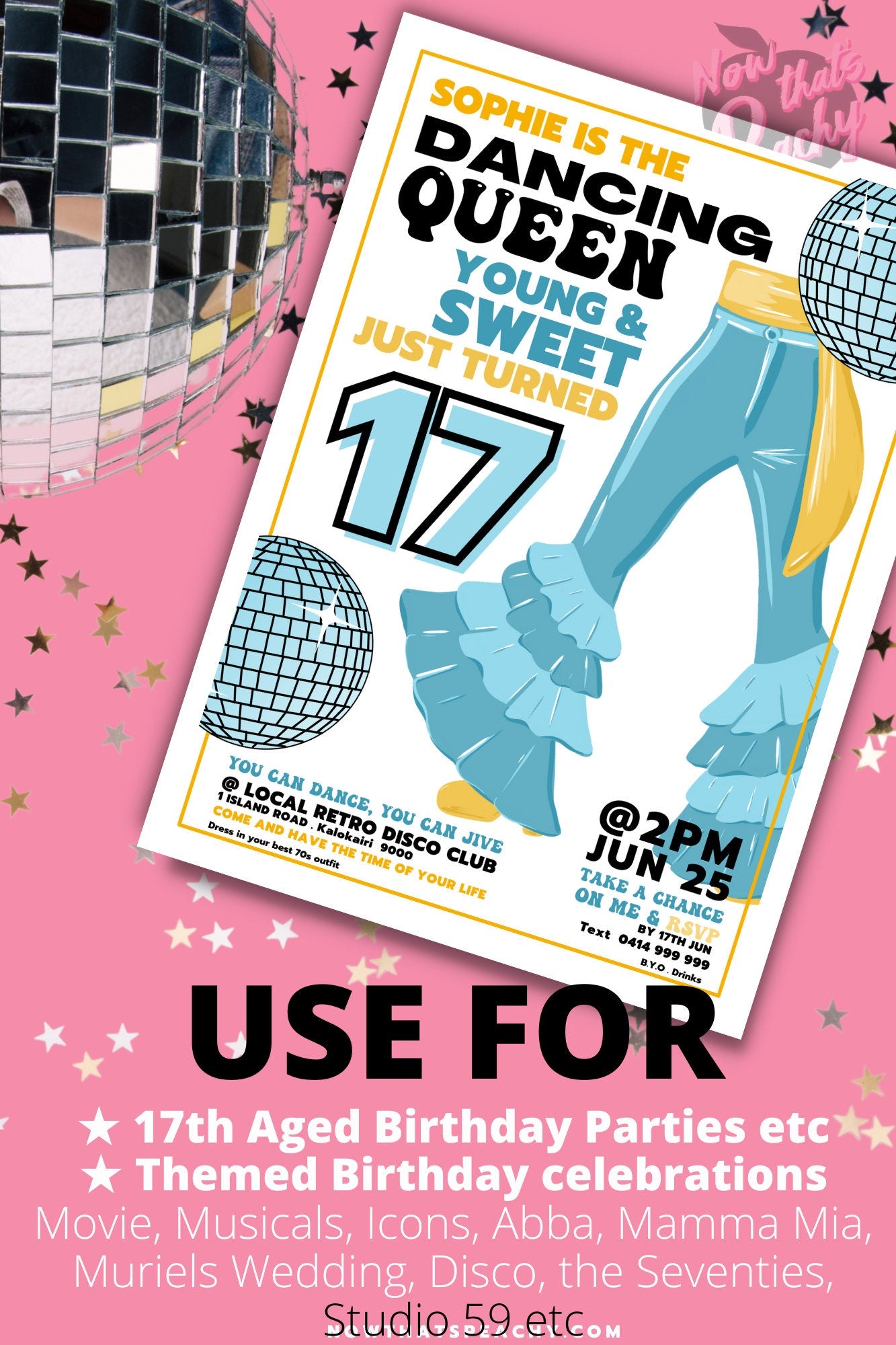 Mamma Mia 1970s flared denim pants seventies 70's disco ball boho hippy studio 54 theme young sweet seventeen 17th editable invitation canva printable template digital instant download edit sophie Donna and the dynamos invite edit custom musical movie design gold blue white modern color