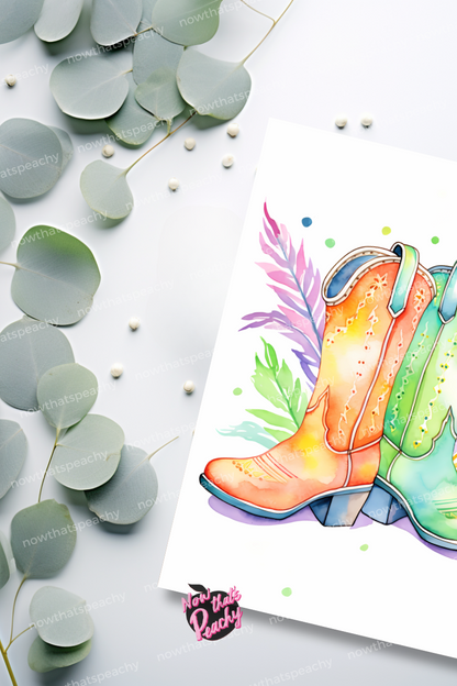 Rainbow Western Boots Watercolor Blank Page Template Bachelorette Birthday Party Invites DIY